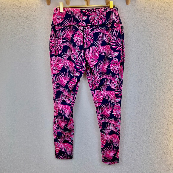 Simply Southern Pink and Navy Palm Leaf Tropical Print Leggings Medium - Picture 5 of 10